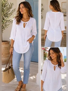 Sandwich_ White Cotton Boho Tunic Top Keyhole Tie Neck Size 38 NWOT